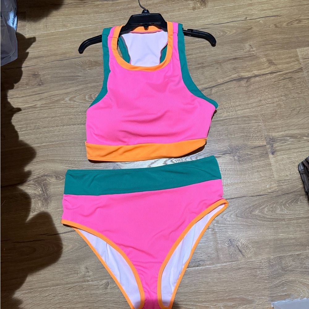 Pink and Green Two-Piece Swimsuit